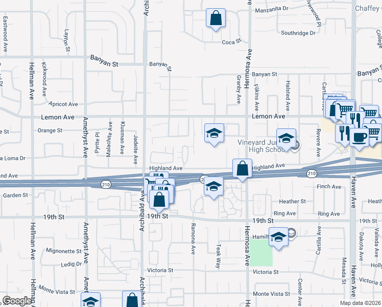 map of restaurants, bars, coffee shops, grocery stores, and more near 9926 Highland Avenue in Rancho Cucamonga