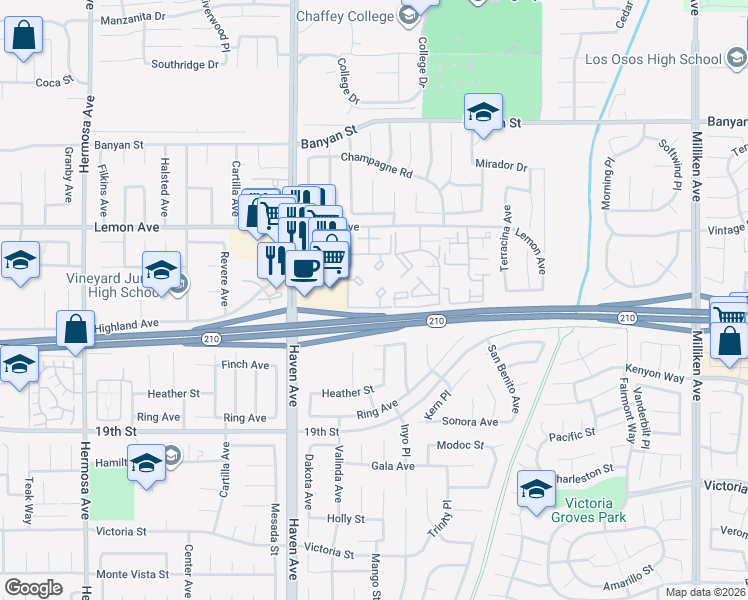 map of restaurants, bars, coffee shops, grocery stores, and more near 10655 Lemon Avenue in Rancho Cucamonga