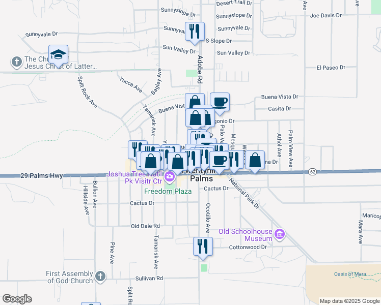 map of restaurants, bars, coffee shops, grocery stores, and more near 6433 Cholla Avenue in Twentynine Palms