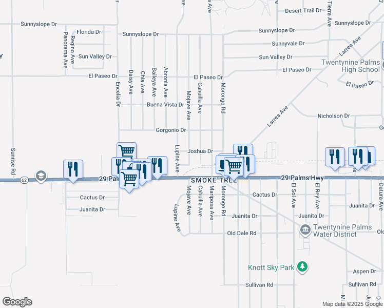 map of restaurants, bars, coffee shops, grocery stores, and more near 6414 Mojave Avenue in Twentynine Palms