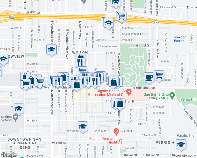 map of restaurants, bars, coffee shops, grocery stores, and more near 2301 Sepulveda Avenue in San Bernardino