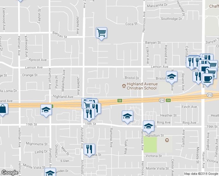 map of restaurants, bars, coffee shops, grocery stores, and more near 9926 Highland Avenue in Rancho Cucamonga