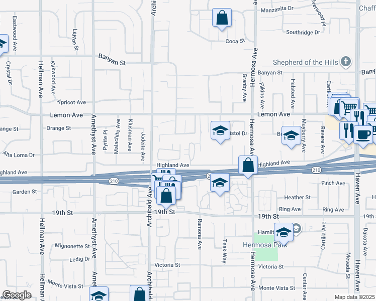 map of restaurants, bars, coffee shops, grocery stores, and more near 9805 Caldaro Street in Rancho Cucamonga