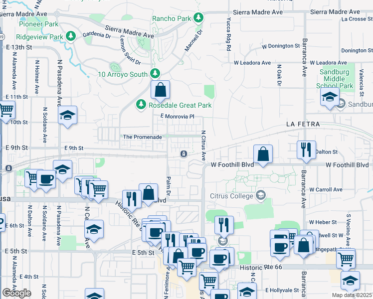 map of restaurants, bars, coffee shops, grocery stores, and more near 878 Iris Way in Azusa