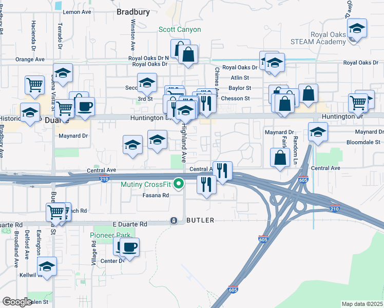 map of restaurants, bars, coffee shops, grocery stores, and more near 1404 Highland Avenue in Duarte