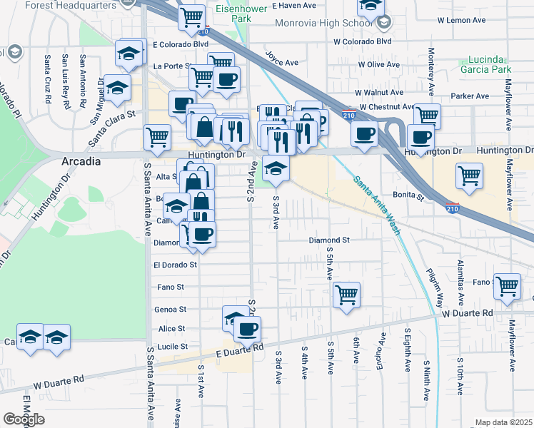 map of restaurants, bars, coffee shops, grocery stores, and more near 219 California Street in Arcadia