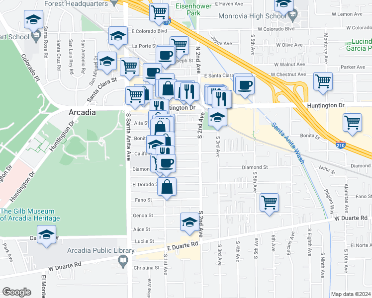 map of restaurants, bars, coffee shops, grocery stores, and more near 155 California Street in Arcadia