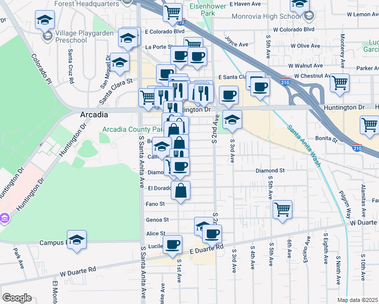 map of restaurants, bars, coffee shops, grocery stores, and more near 117 California Street in Arcadia