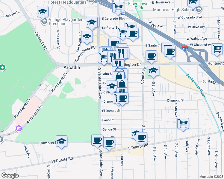 map of restaurants, bars, coffee shops, grocery stores, and more near 53 California Street in Arcadia