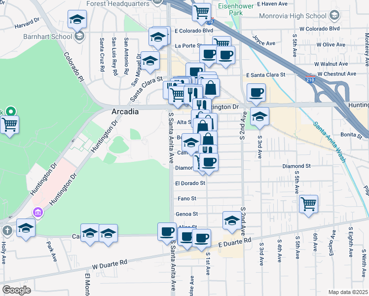 map of restaurants, bars, coffee shops, grocery stores, and more near 11 California Street in Arcadia