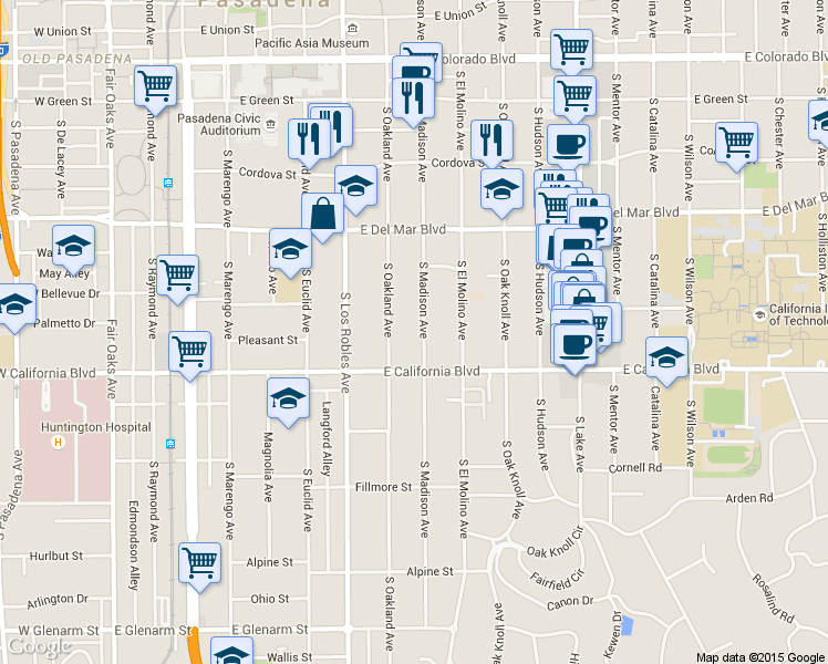 map of restaurants, bars, coffee shops, grocery stores, and more near 507 South Madison Avenue in Pasadena