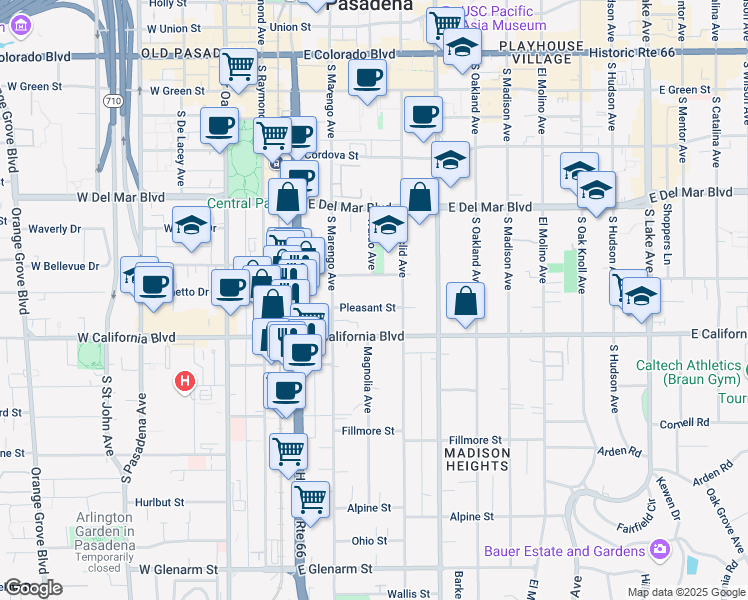 map of restaurants, bars, coffee shops, grocery stores, and more near 285 Pleasant Street in Pasadena