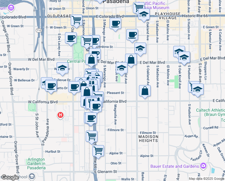 map of restaurants, bars, coffee shops, grocery stores, and more near 285 Pleasant Street in Pasadena