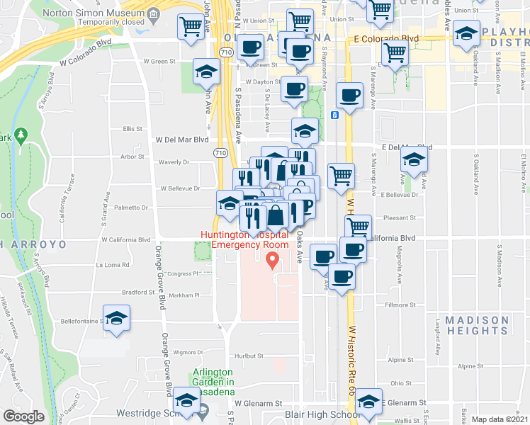 map of restaurants, bars, coffee shops, grocery stores, and more near 76 Palmetto Drive in Pasadena