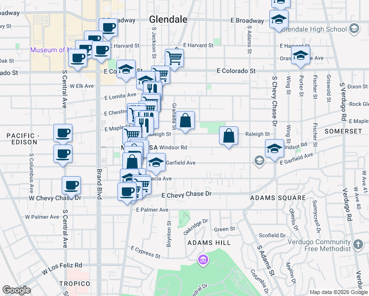 map of restaurants, bars, coffee shops, grocery stores, and more near 600 East Windsor Road in Glendale