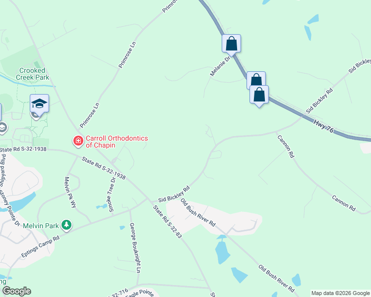 map of restaurants, bars, coffee shops, grocery stores, and more near 480 Sid Bickley Road in Chapin