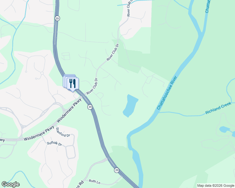 map of restaurants, bars, coffee shops, grocery stores, and more near 3645 Woodbury Point in Cumming