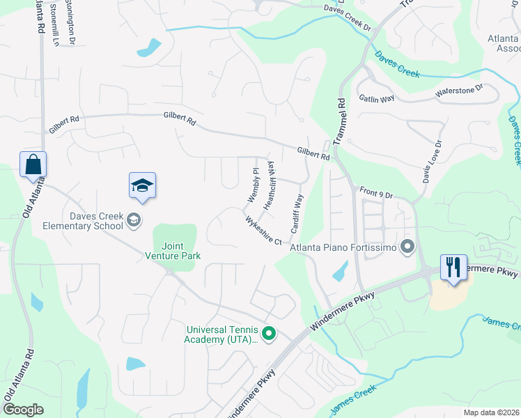 map of restaurants, bars, coffee shops, grocery stores, and more near 4325 Heathcliff Way in Cumming
