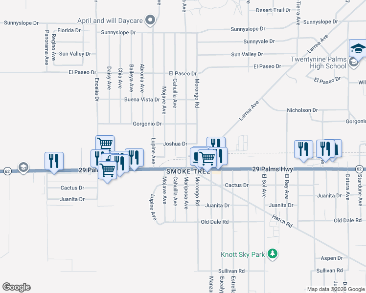 map of restaurants, bars, coffee shops, grocery stores, and more near 6415 Cahuilla Avenue in Twentynine Palms