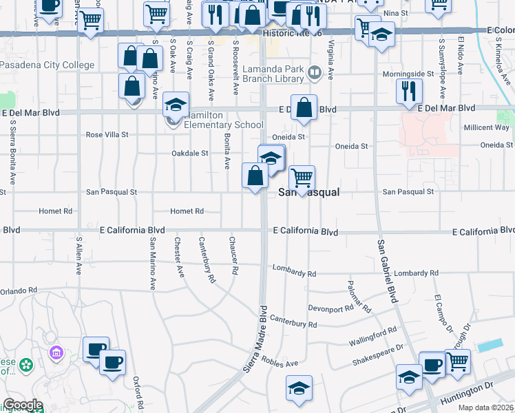 map of restaurants, bars, coffee shops, grocery stores, and more near 535 South Sierra Madre Boulevard in Pasadena