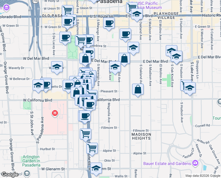 map of restaurants, bars, coffee shops, grocery stores, and more near 301 Pleasant Street in Pasadena
