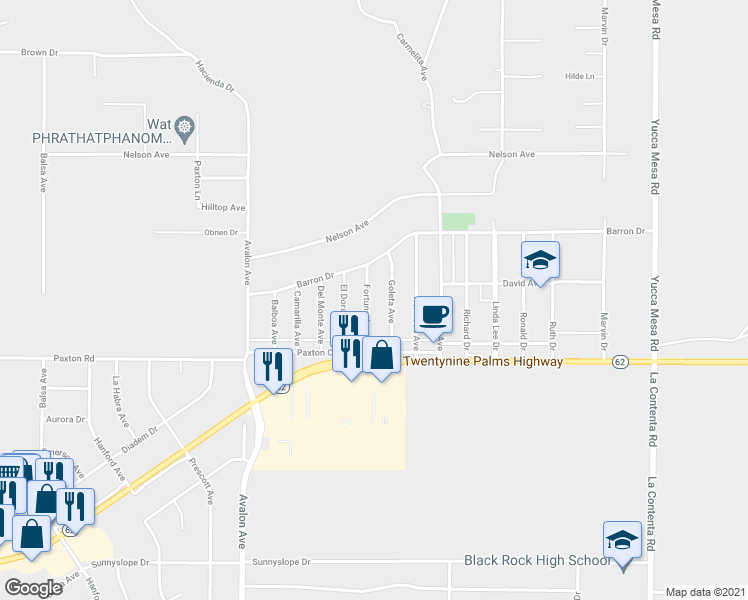 map of restaurants, bars, coffee shops, grocery stores, and more near 6385 Fortuna Ave in Yucca Valley