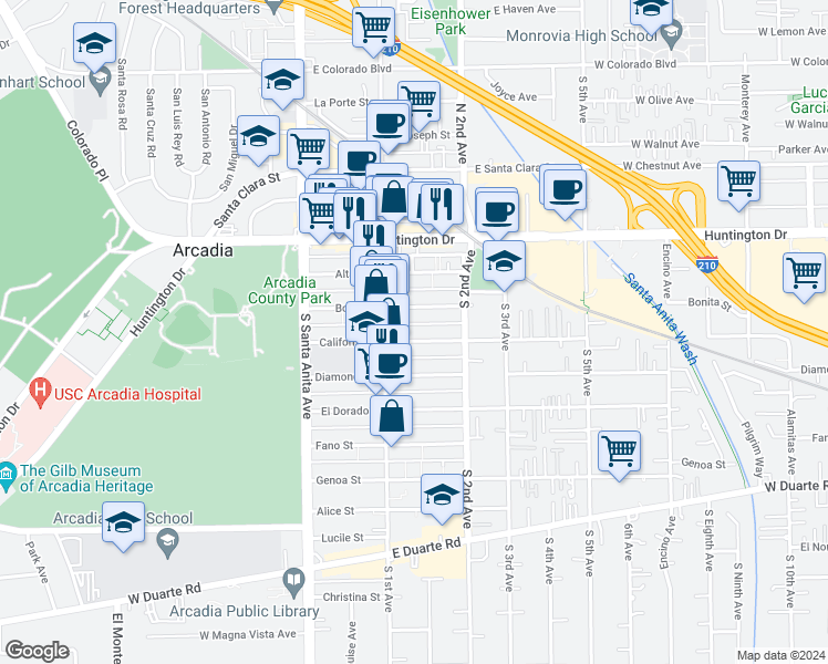 map of restaurants, bars, coffee shops, grocery stores, and more near 125 California Street in Arcadia