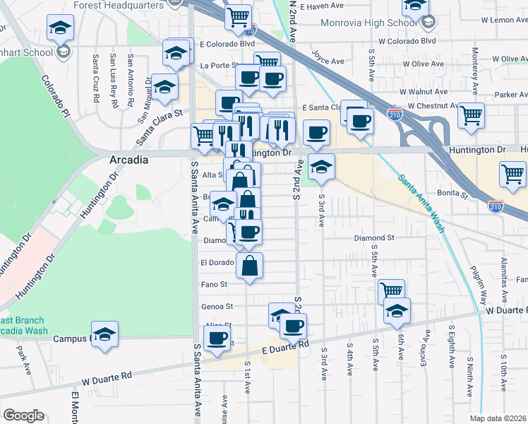 map of restaurants, bars, coffee shops, grocery stores, and more near 125 California Street in Arcadia