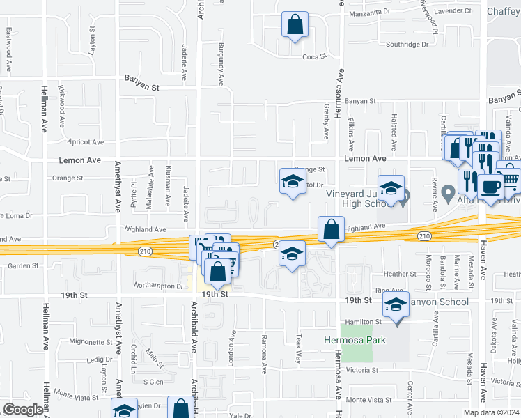 map of restaurants, bars, coffee shops, grocery stores, and more near 9926 Highland Avenue in Rancho Cucamonga
