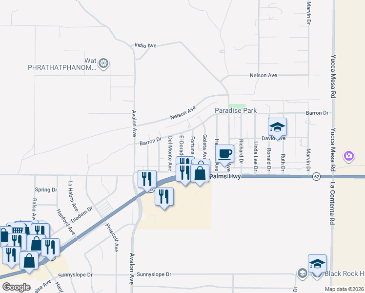 map of restaurants, bars, coffee shops, grocery stores, and more near 6388 El Dorado Avenue in Yucca Valley