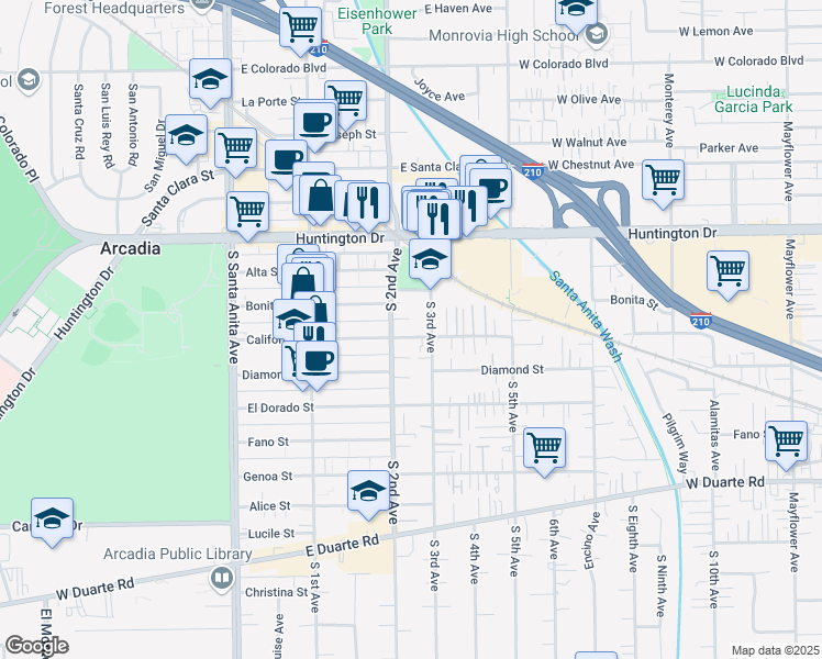 map of restaurants, bars, coffee shops, grocery stores, and more near 219 California Street in Arcadia