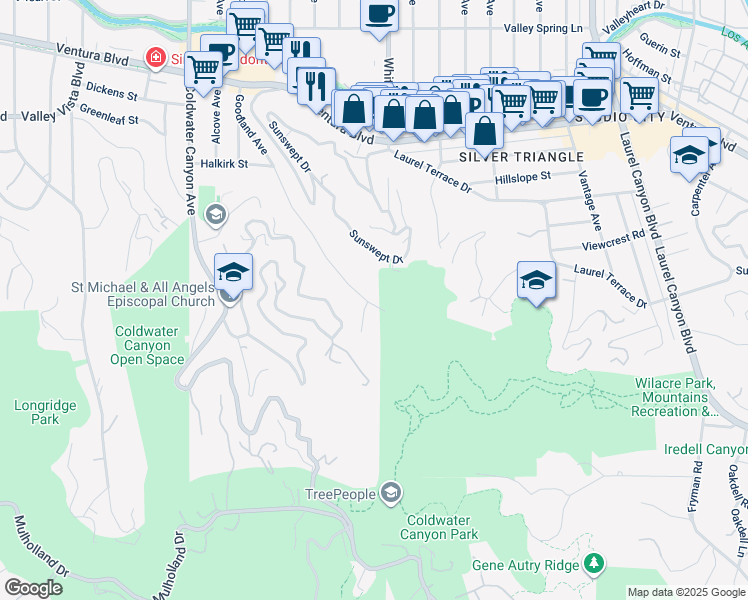 map of restaurants, bars, coffee shops, grocery stores, and more near 3644 Goodland Avenue in Los Angeles