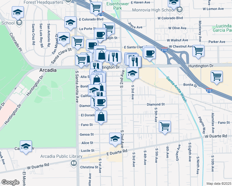 map of restaurants, bars, coffee shops, grocery stores, and more near 155 California Street in Arcadia