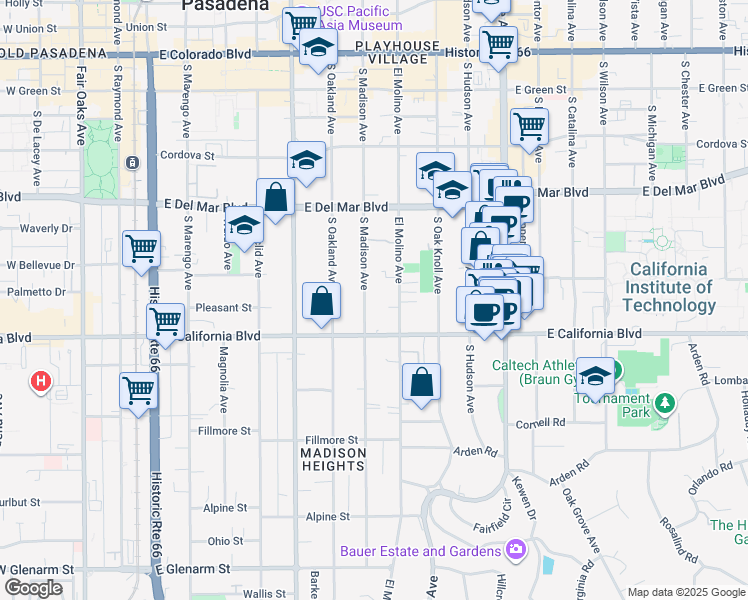 map of restaurants, bars, coffee shops, grocery stores, and more near 500 South Madison Avenue in Pasadena