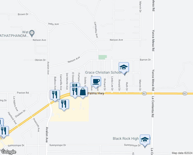 map of restaurants, bars, coffee shops, grocery stores, and more near 6386 Indio Avenue in Yucca Valley