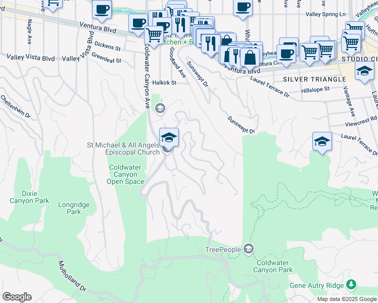 map of restaurants, bars, coffee shops, grocery stores, and more near 3699 Alta Mesa Drive in Los Angeles