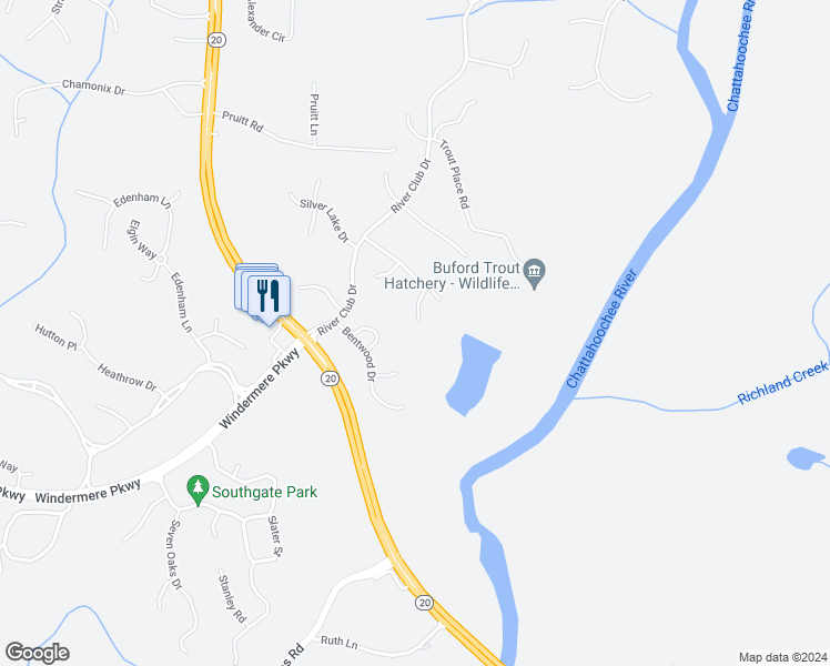 map of restaurants, bars, coffee shops, grocery stores, and more near 3650 Woodbury Point in Cumming