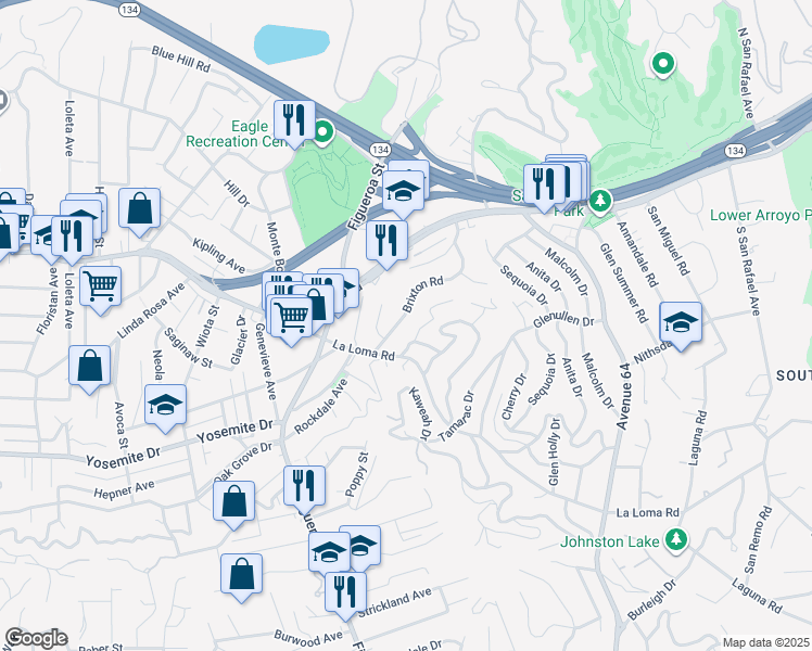 map of restaurants, bars, coffee shops, grocery stores, and more near 1338 Brixton Road in Pasadena