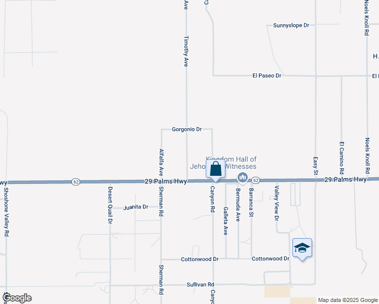 map of restaurants, bars, coffee shops, grocery stores, and more near 6395 Timothy Avenue in Twentynine Palms