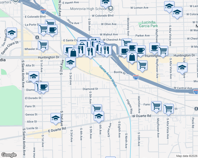 map of restaurants, bars, coffee shops, grocery stores, and more near 926 Sierra Blanca Drive in Monrovia
