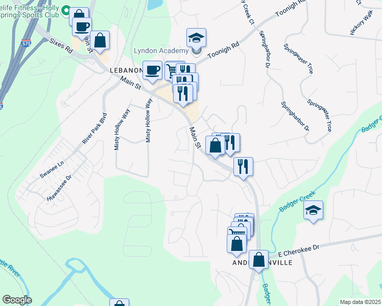 map of restaurants, bars, coffee shops, grocery stores, and more near 549 Ruths Drive in Holly Springs