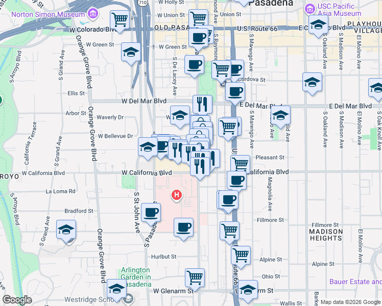 map of restaurants, bars, coffee shops, grocery stores, and more near 511 South Fair Oaks Avenue in Pasadena