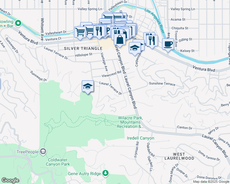 map of restaurants, bars, coffee shops, grocery stores, and more near 12060 Laurel Terrace Drive in Los Angeles