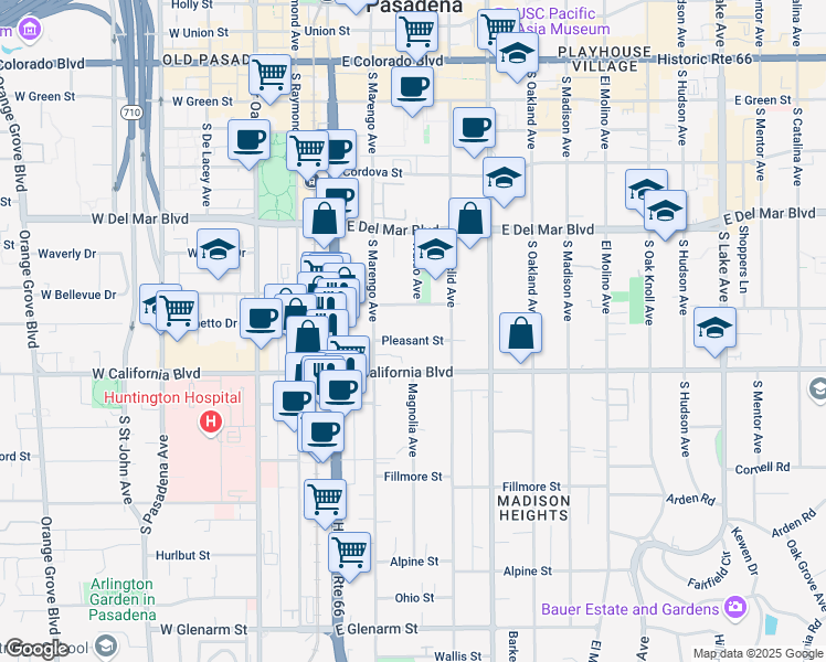 map of restaurants, bars, coffee shops, grocery stores, and more near 285 Pleasant Street in Pasadena