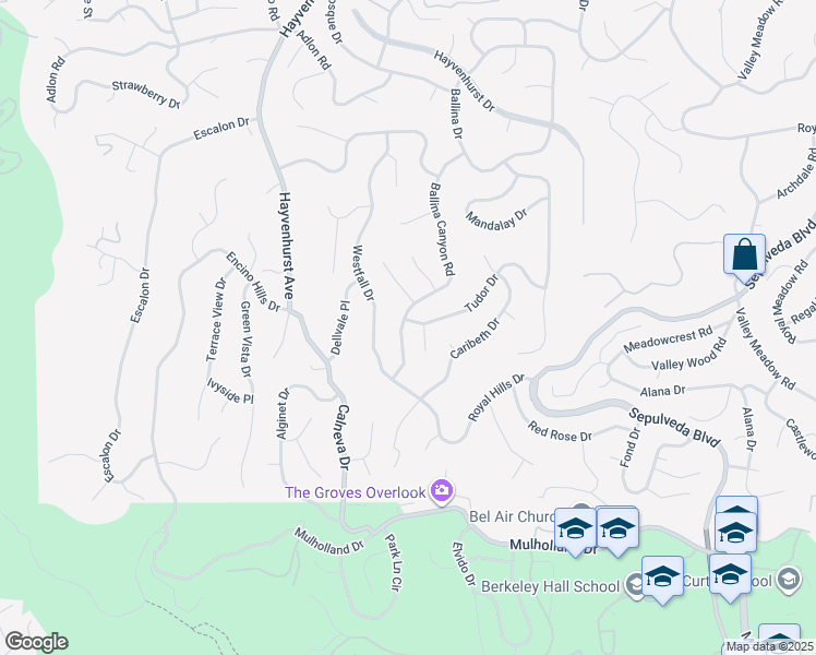 map of restaurants, bars, coffee shops, grocery stores, and more near 3630 Ballina Canyon Road in Los Angeles
