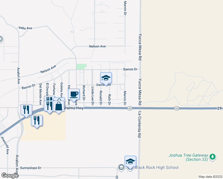 map of restaurants, bars, coffee shops, grocery stores, and more near 6391 Ruth Drive in Yucca Valley