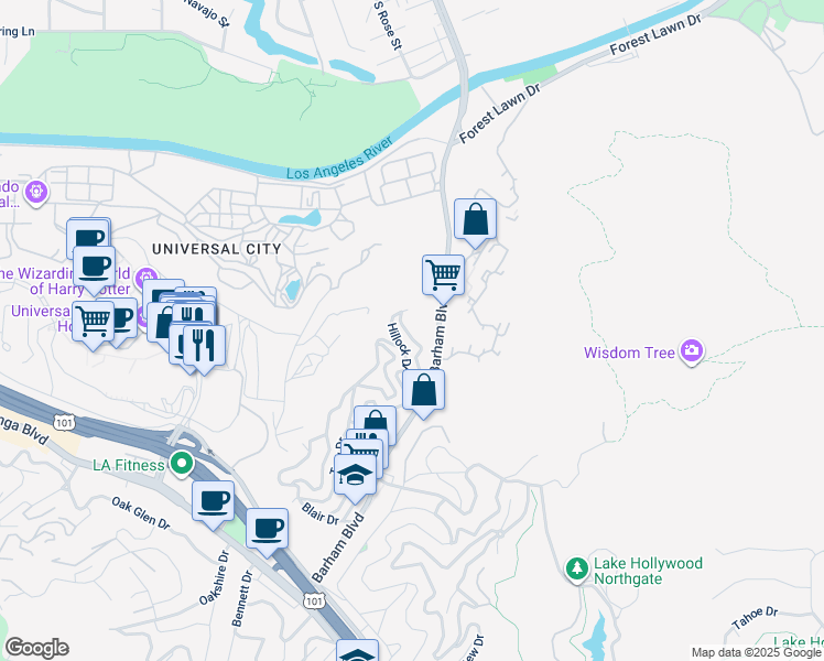 map of restaurants, bars, coffee shops, grocery stores, and more near 3272 Craig Drive in Los Angeles
