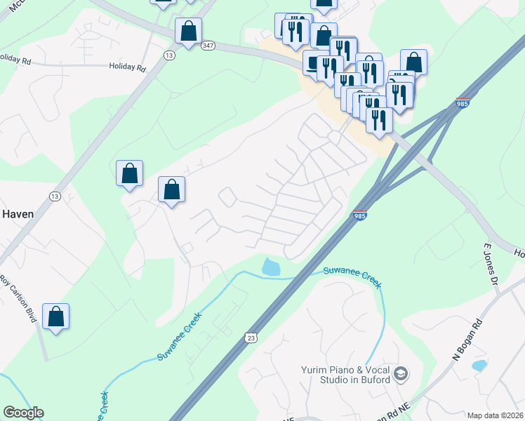 map of restaurants, bars, coffee shops, grocery stores, and more near 5528 Magnolia Way in Buford