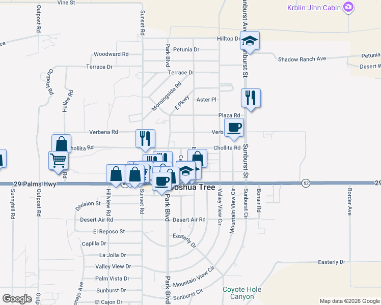 map of restaurants, bars, coffee shops, grocery stores, and more near 6360 El Reposo Street in Joshua Tree
