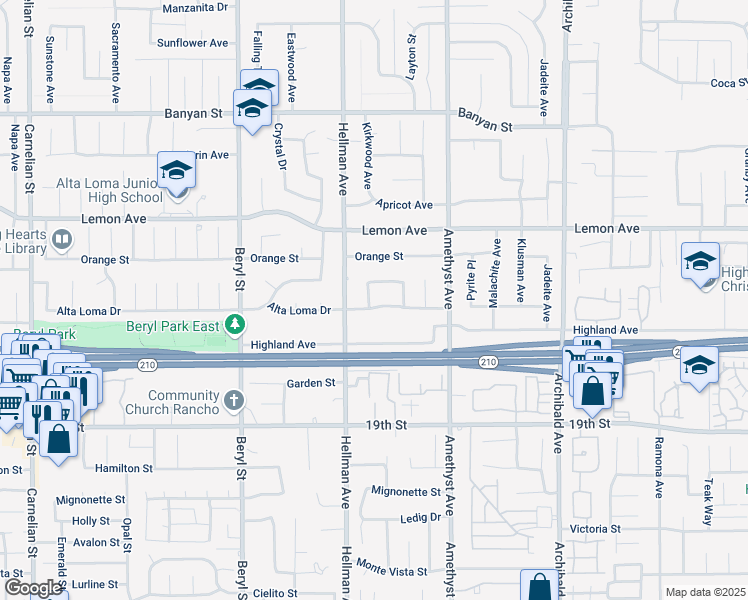 map of restaurants, bars, coffee shops, grocery stores, and more near 9358 Alta Loma Drive in Rancho Cucamonga